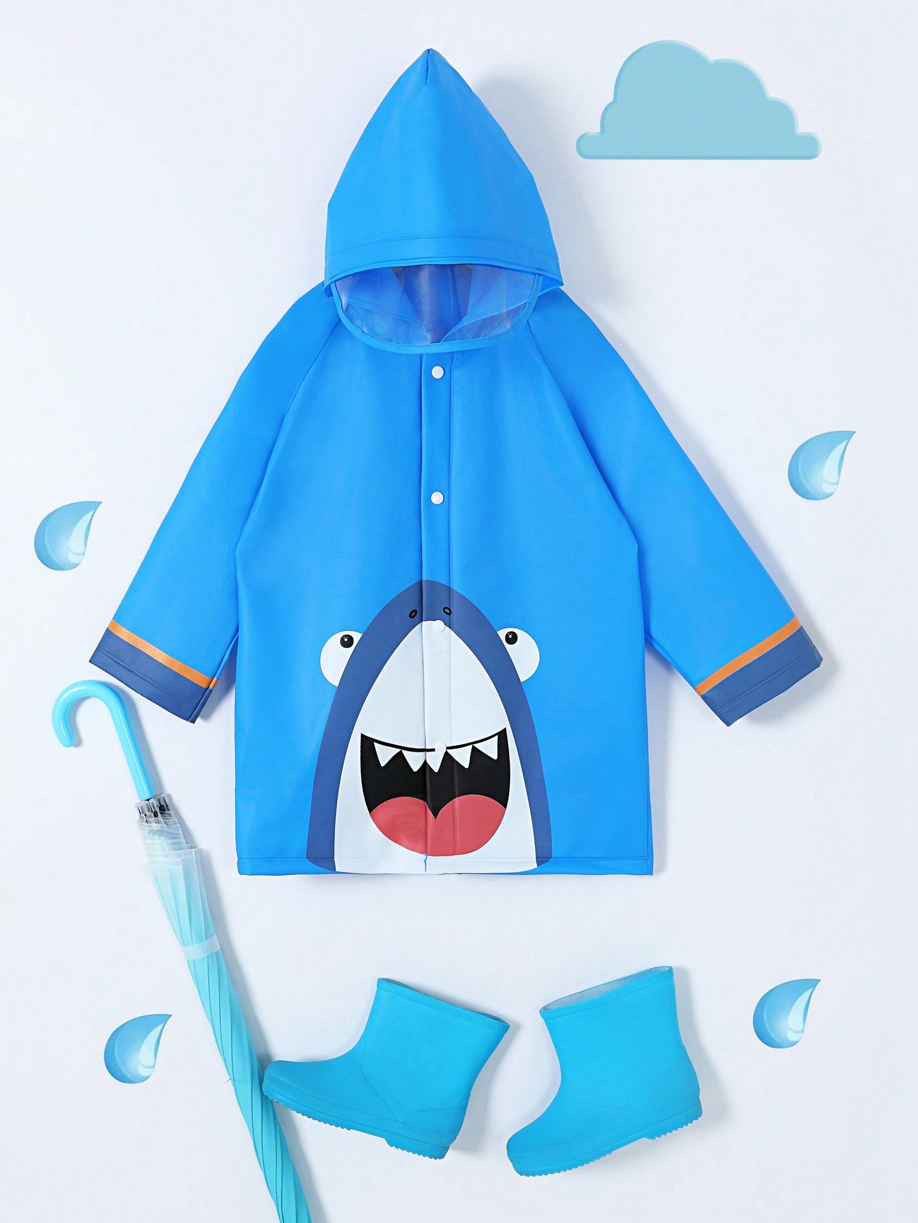 Boys' Fashionable Cool Blue Shark Printed Waterproof Raincoat For All Seasons