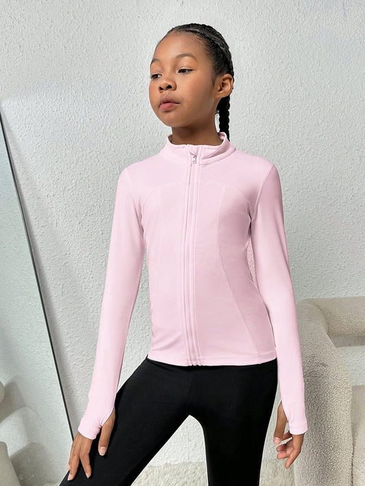 Tween Girl Sportswear, Pink Stretch Sun Protection Yoga Jacket, Suitable For Yoga, Pilates, Running, Outdoor Sports