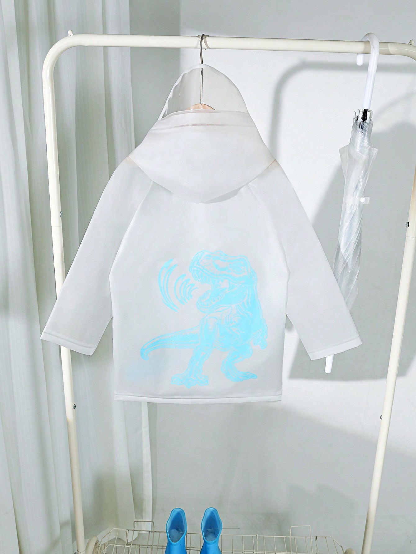 Boys' White Waterproof Cool Dinosaur Printed Raincoat For All Seasons