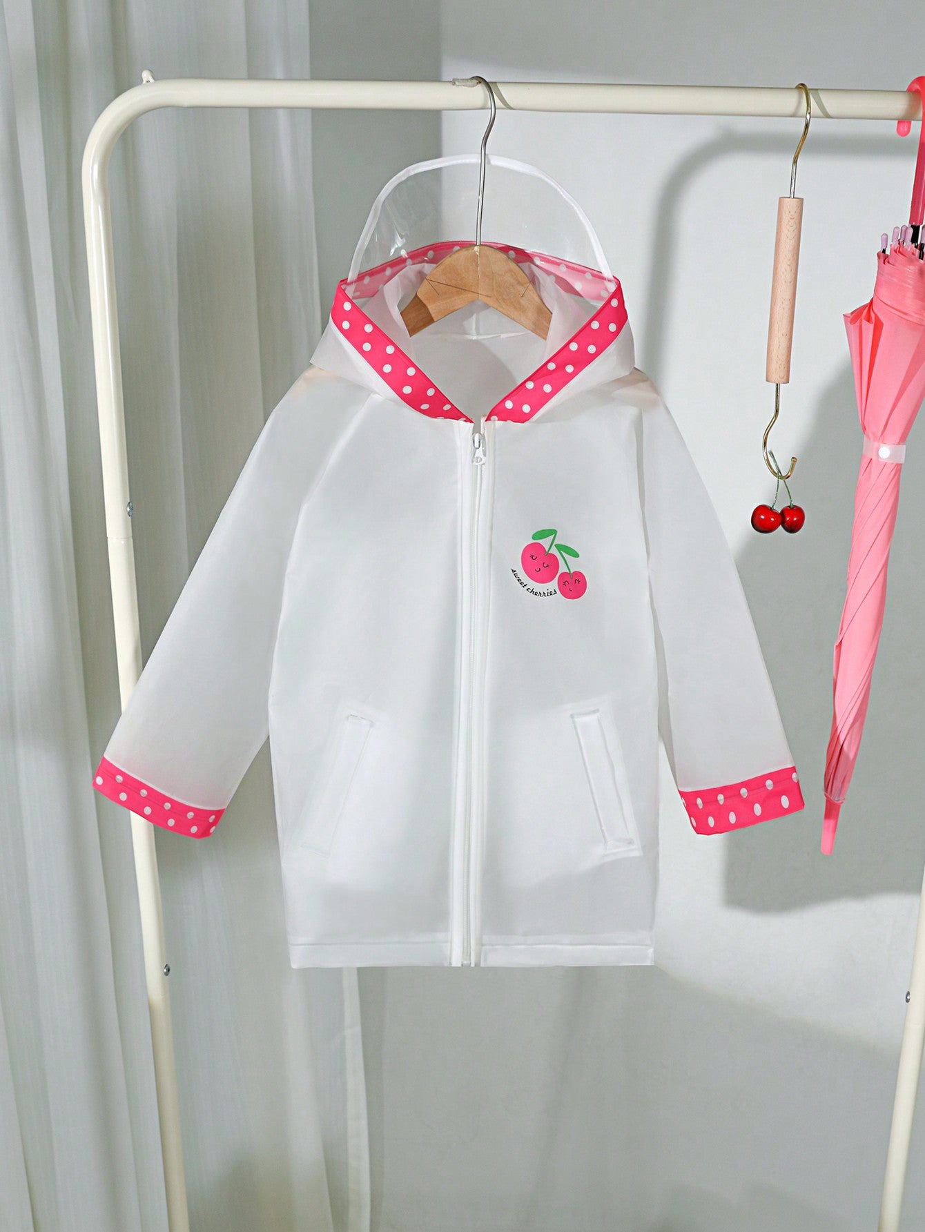 Girls' Lovely Cherry Printed Waterproof Raincoat, All-Season, White