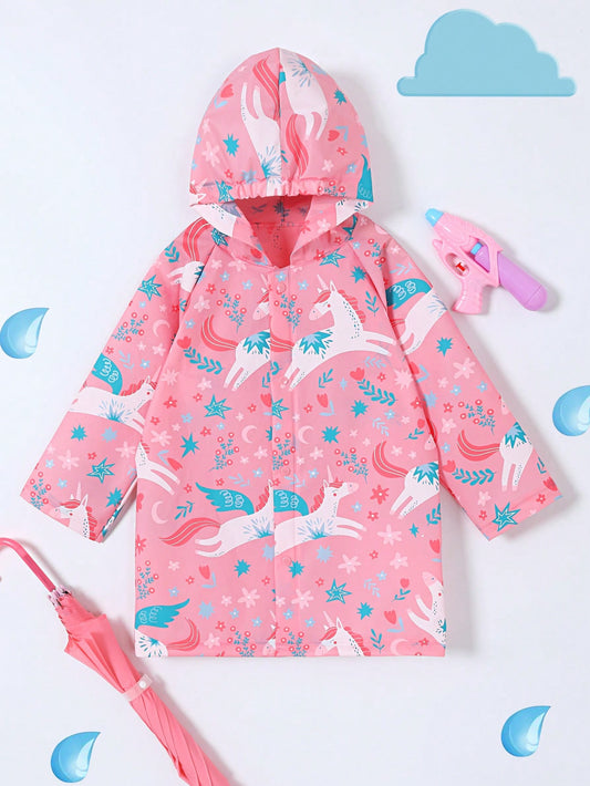 Girls' Cute Pink Waterproof Raincoat With Horse Pattern, All Seasons