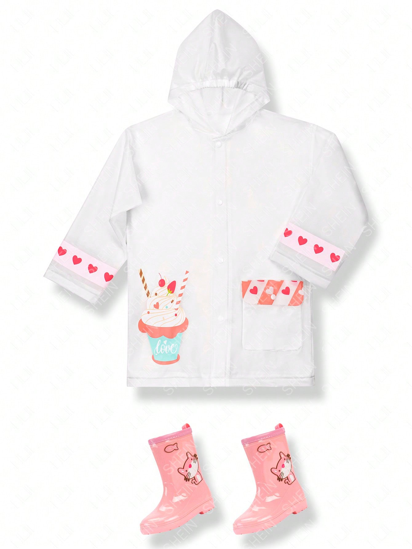 Girls' Cute All-Season Raincoat With Transparent Ice Cream Heart, Lucky Letter, And Colorful Print