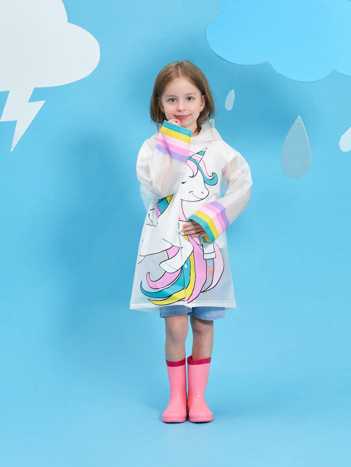 Girls' Lovely Rainbow Unicorn Printed Waterproof Raincoat For All Seasons