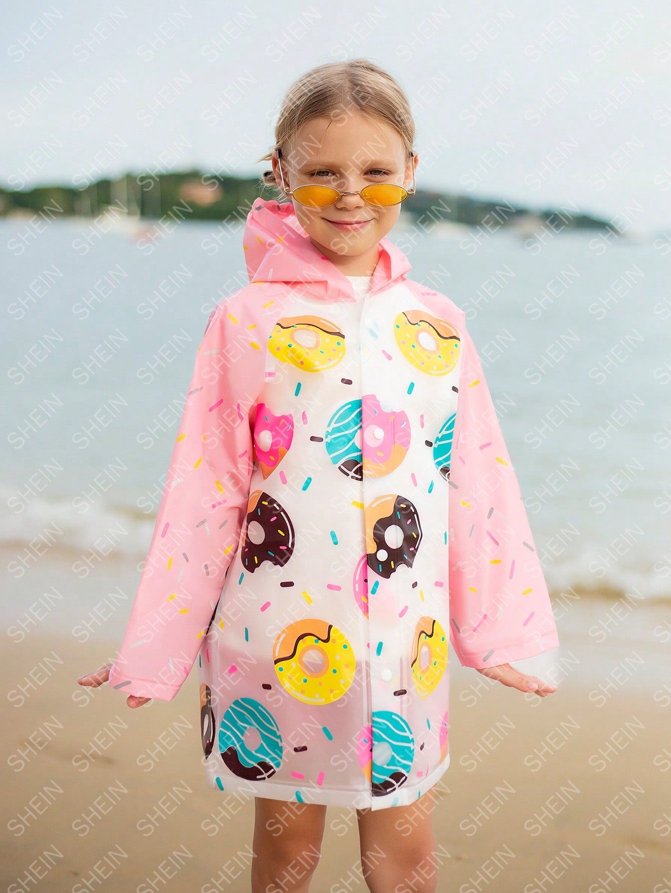 Girls' Cute Pink Colorful Donut Pattern Hooded Raincoat