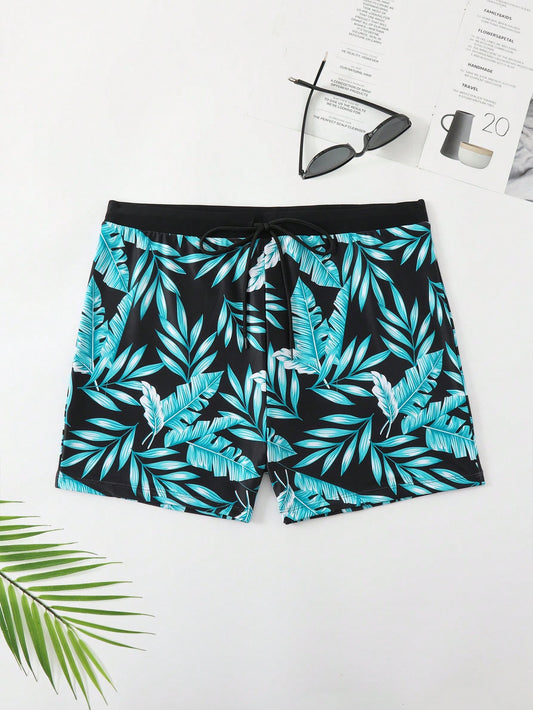 Men Plus Size Vacation Beach Botanical Printed Boxer Swim Trunks