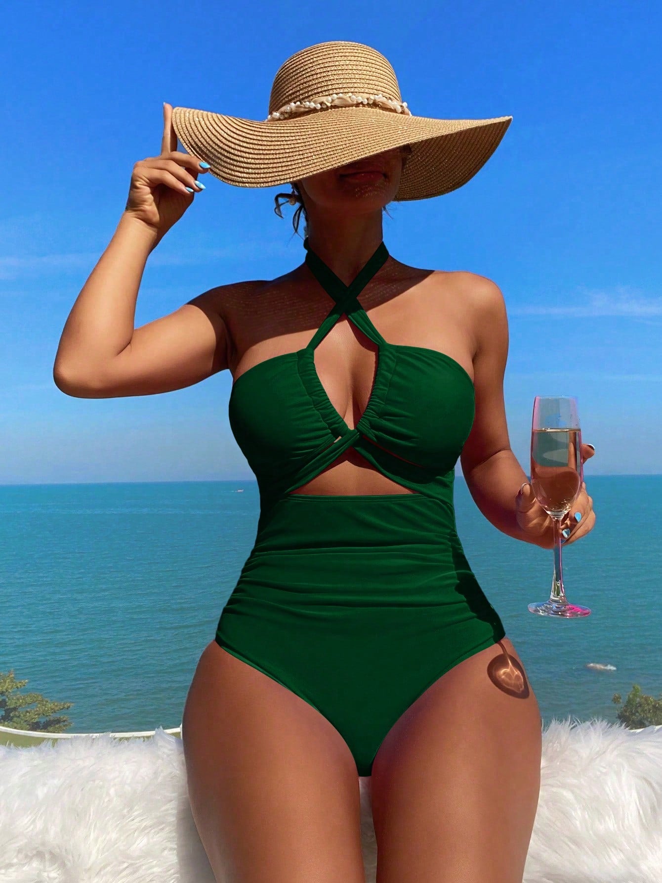 Swim Vcay Summer Beach Solid Color Halter Neck Knotted Cutout One-Piece Swimsuit