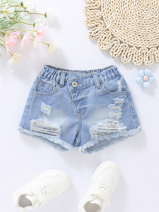 Young Girl Irregular Waist Ripped Fringe Denim Shorts For Summer Fashion