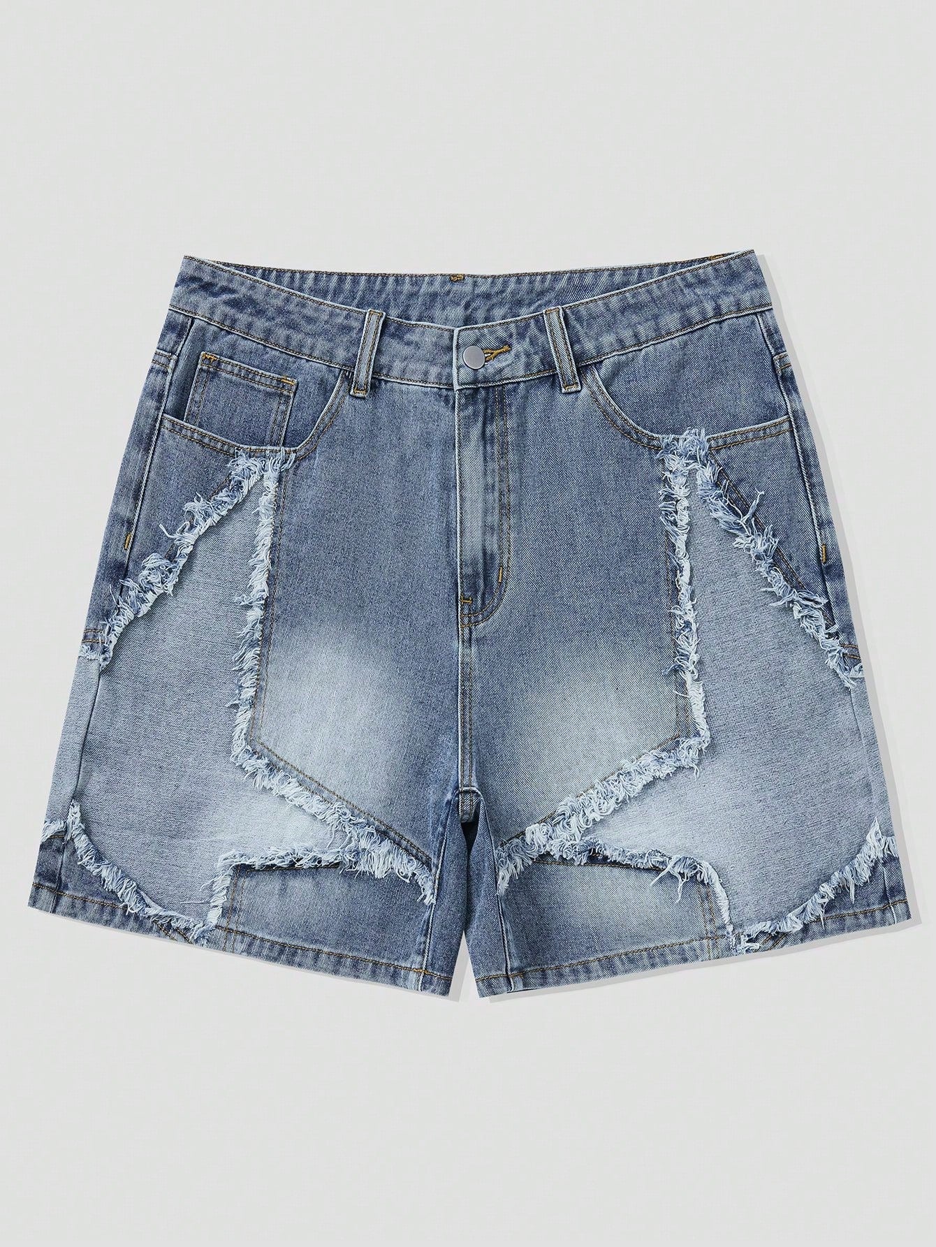 Street Life Men Summer Casual Frayed Hem Denim Shorts With Star Patch