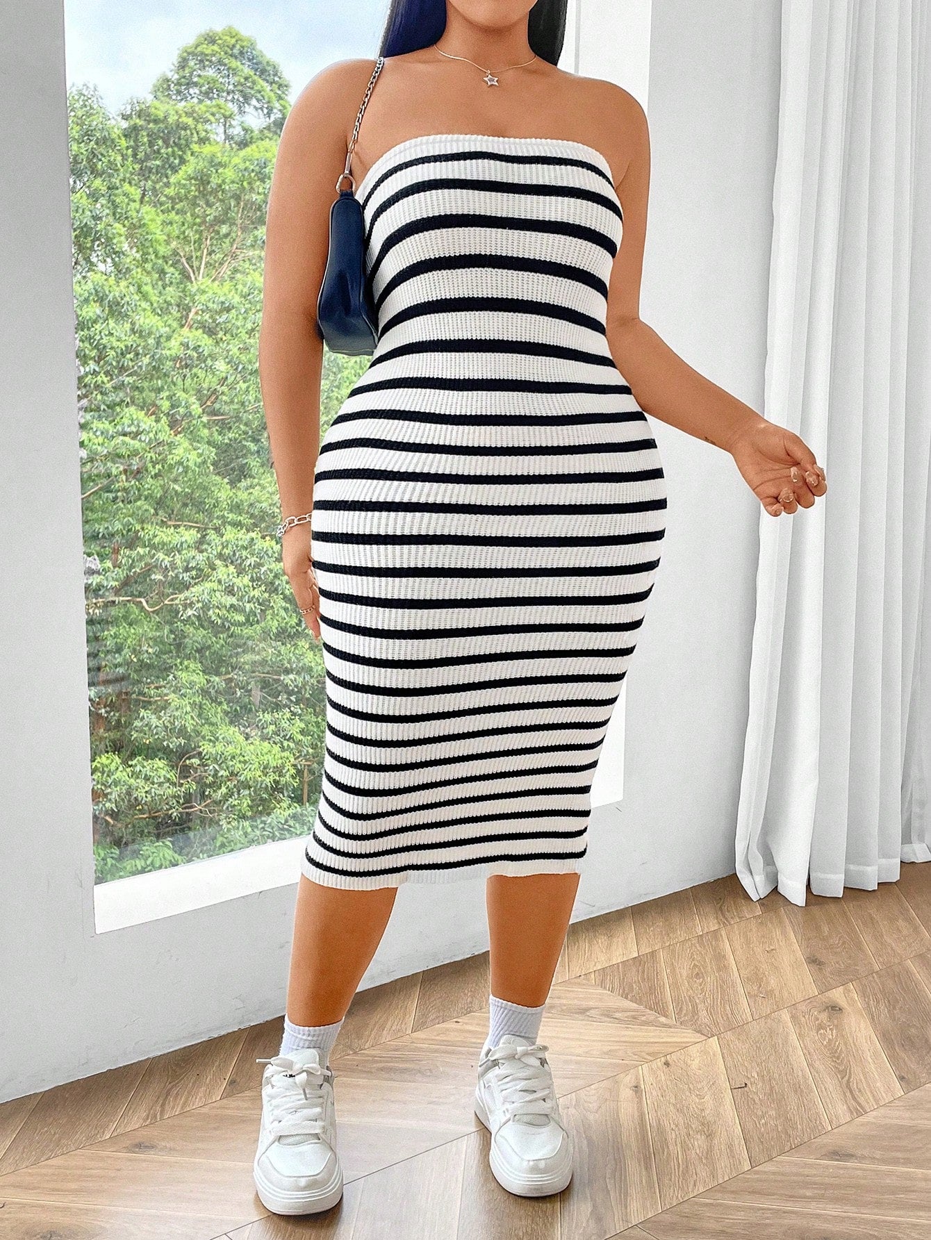 Plus Size Casual Striped Bodycon Strapless Sweater Dress, Spring/Summer