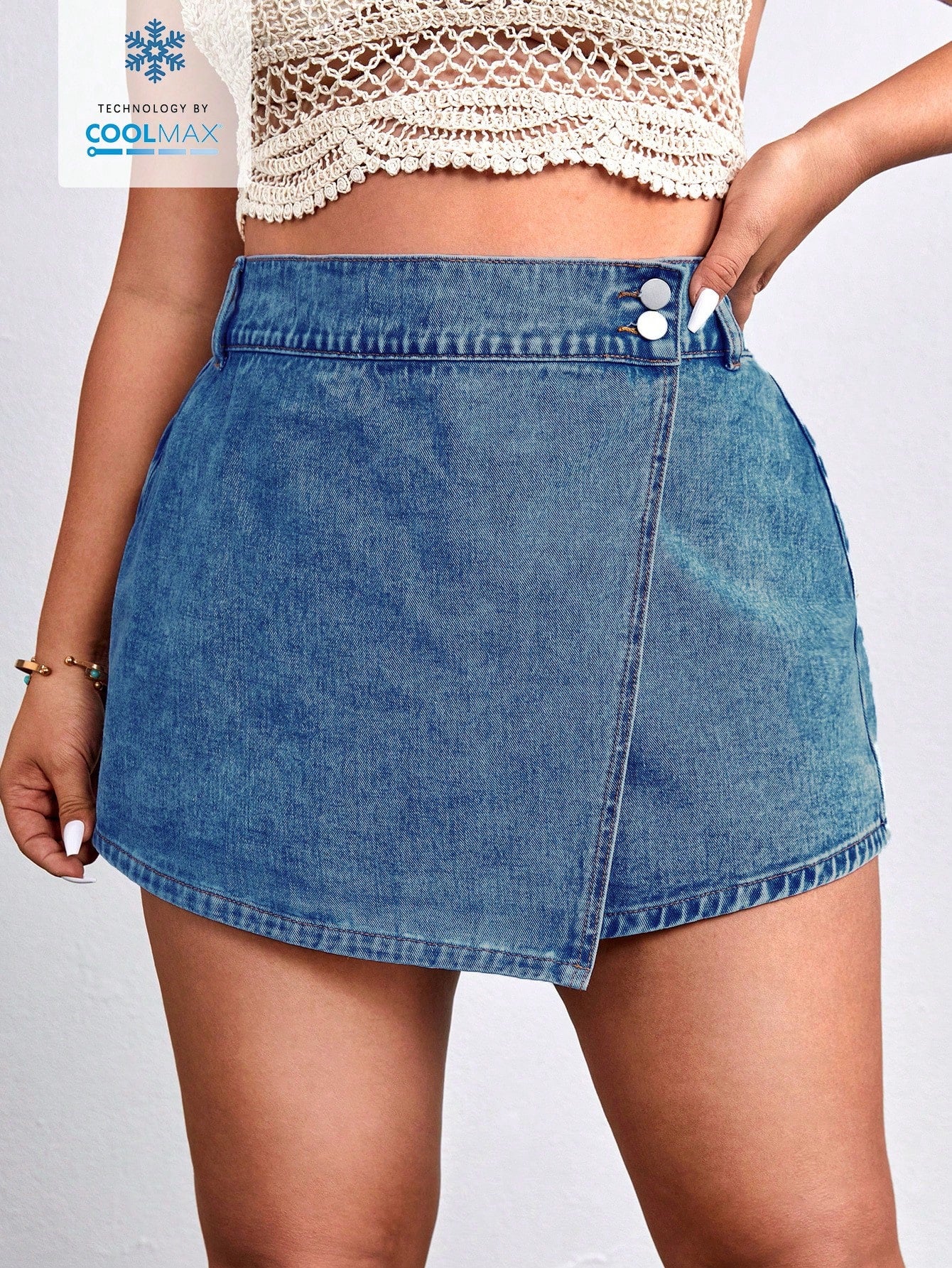 Plus Wrap Button Side Denim Shorts