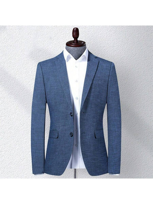 Fashionable Blue Slim Fit Single-Breasted Suit Jacket For Middle Aged Men, Spring And Autumn