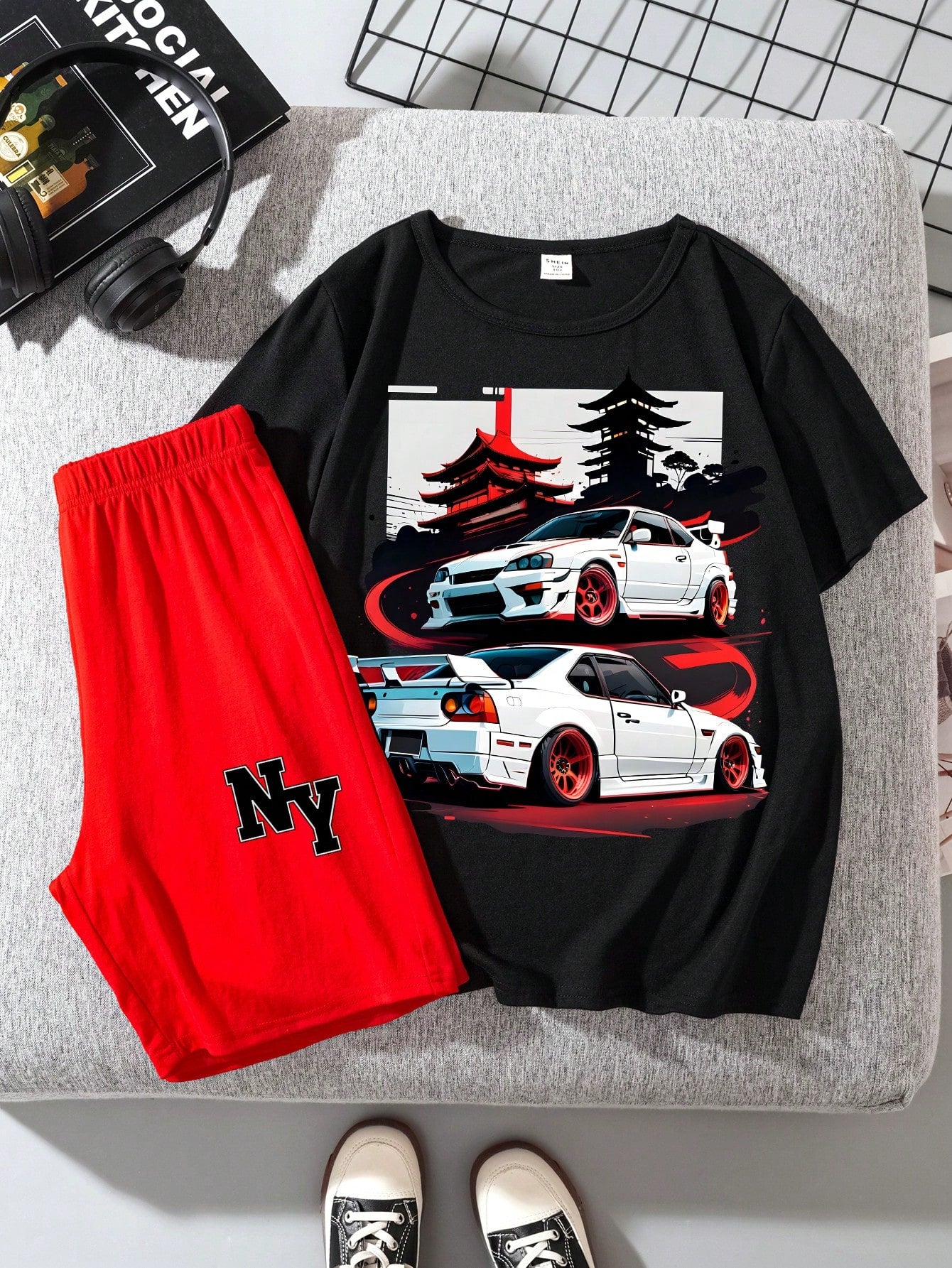 White Car, Tween Boy Casual Simple Round Neck Short Sleeve T-Shirts And Shorts Set, Summer