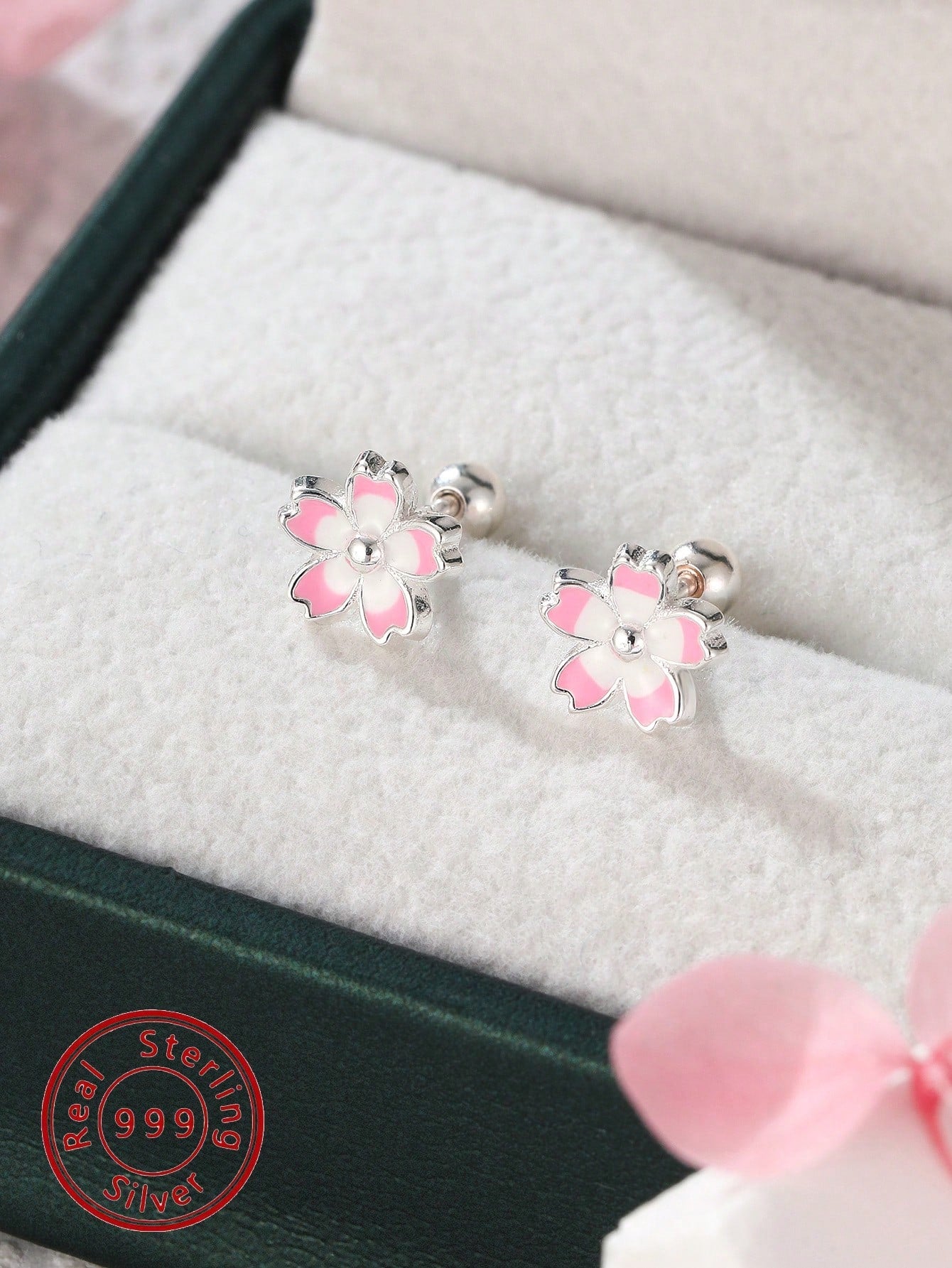 1pair S999 Sterling Silver Flower Stud Earrings For Teen Girls Sweet Cute Five-Leaf Flower Decor Earrings For Daily Wear For Children Birthday Gift