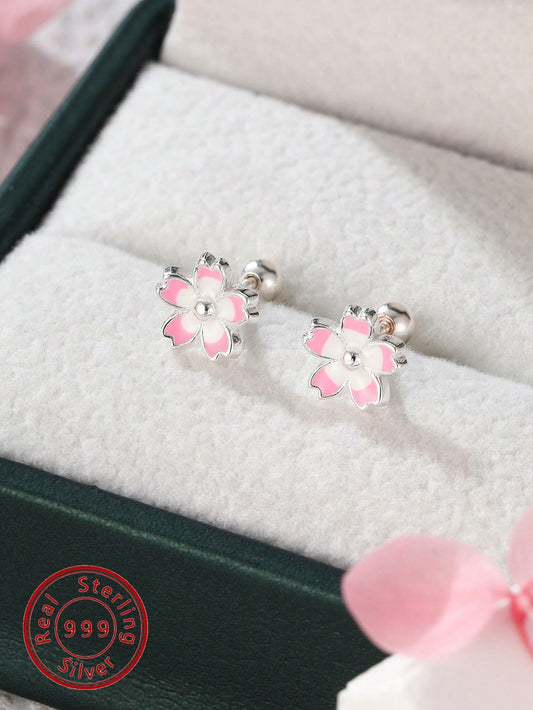 1pair S999 Sterling Silver Flower Stud Earrings For Teen Girls Sweet Cute Five-Leaf Flower Decor Earrings For Daily Wear For Children Birthday Gift