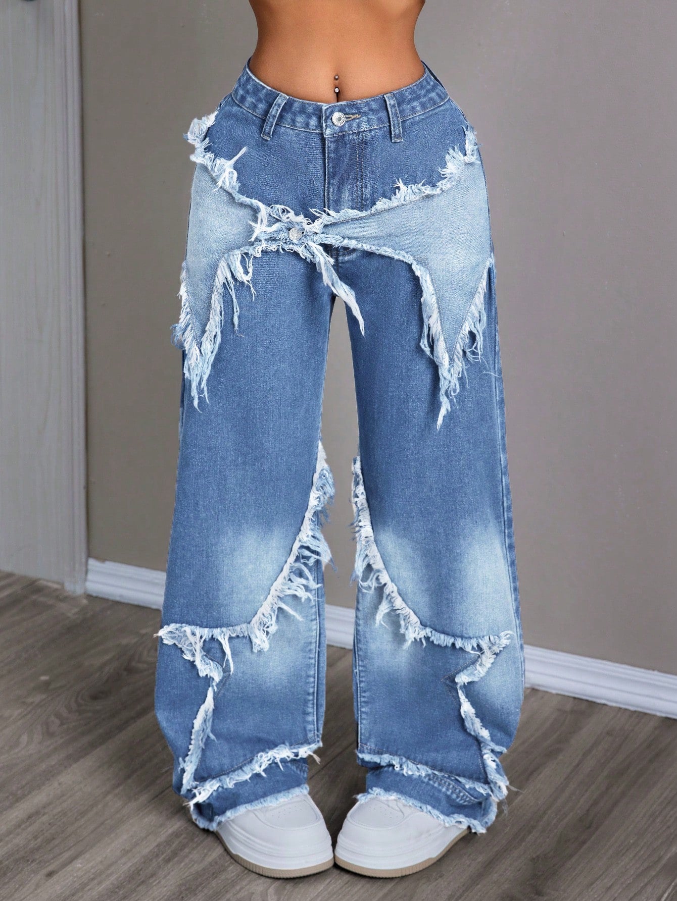 Women's Patchwork Fringe Wide Leg Loose Casual Denim Pants