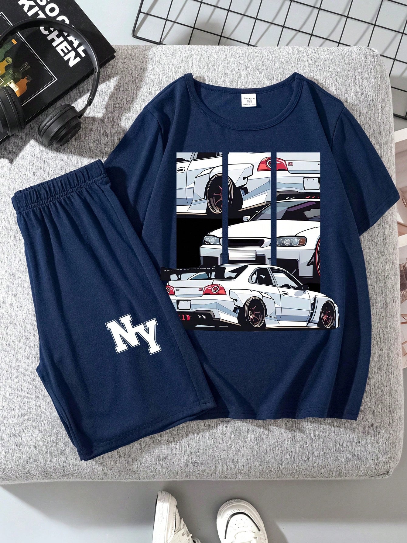 Tween Boy Casual Simple Car Pattern Round Neck Short Sleeve T-Shirt And Letter Print Shorts Suit For Summer