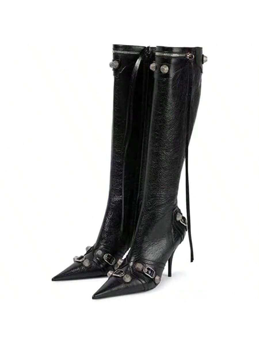 Vertundy Women's Knee High Boots - Pointed Toe Stiletto Heel Zipper Long Boot Rivet Slim Tassel Dress Boot For Lady Sexy