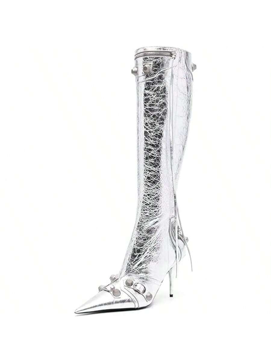 Vertundy Women's Knee High Boots - Pointed Toe Stiletto Heel Zipper Long Boot Rivet Slim Tassel Dress Boot For Lady Sexy