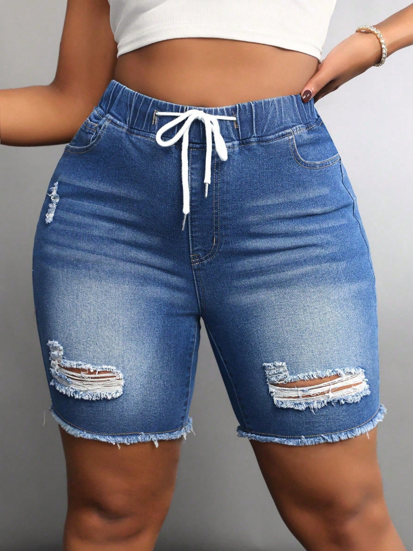 Plus Drawstring Waist Ripped Raw Cut Denim Shorts