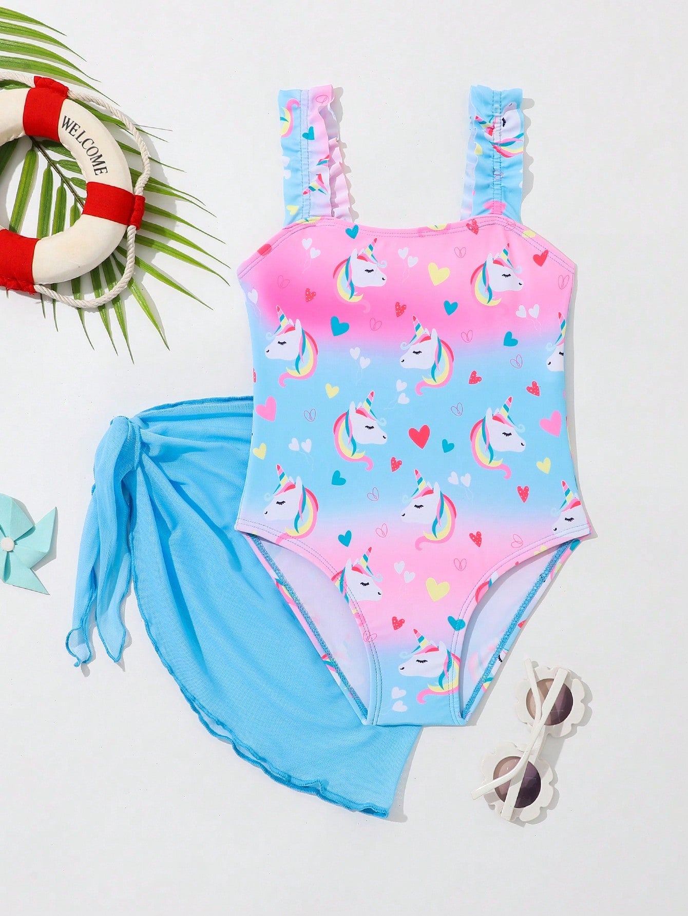 Young Girl Unicorn Printed One Piece Swimsuit With Strap And Matching Cover-Up