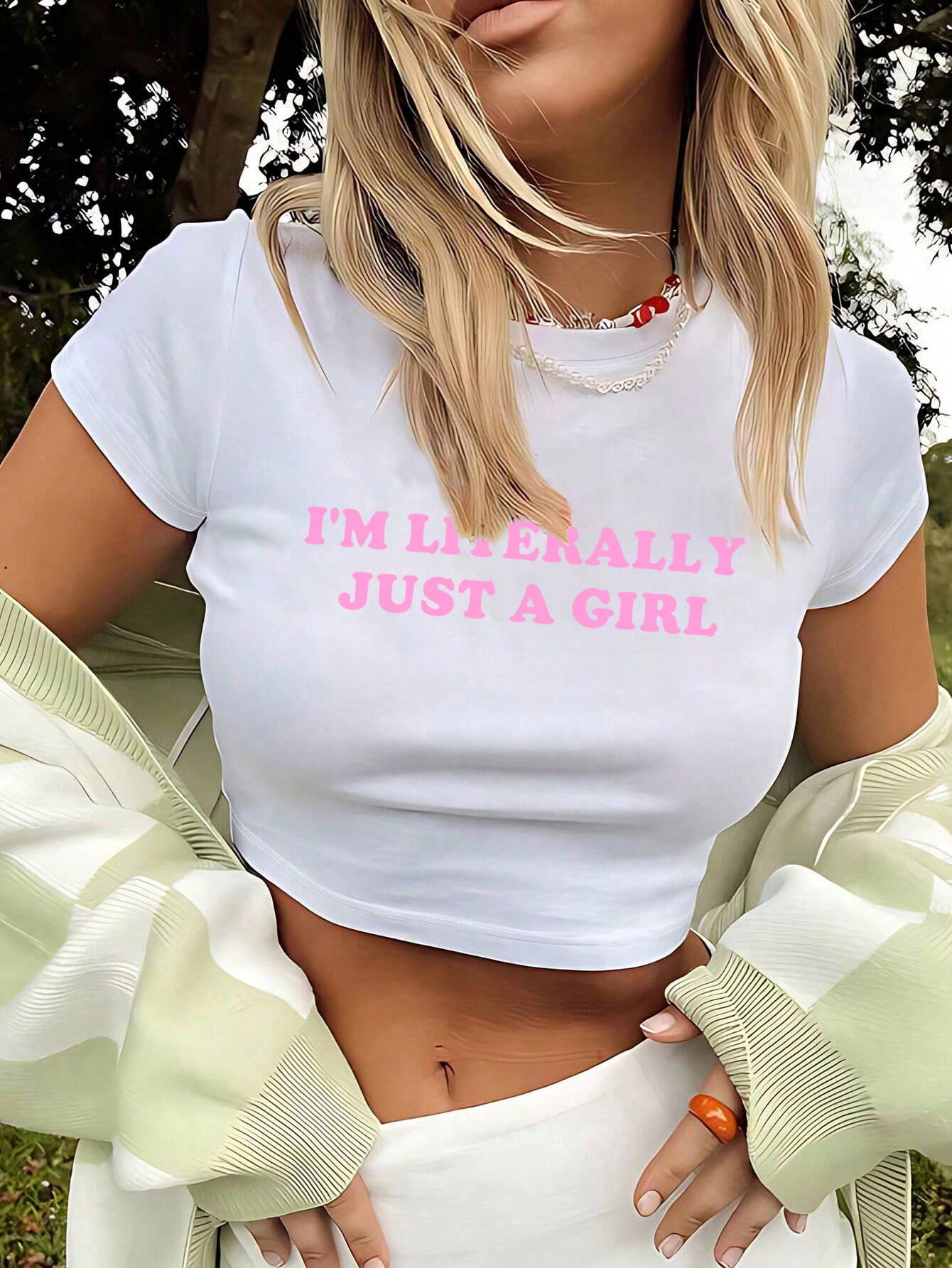 Women I'm Literally Just A Girl Crop Top With Slogan Print And Slim Fit I'M LITERALLY JUST A GIRL