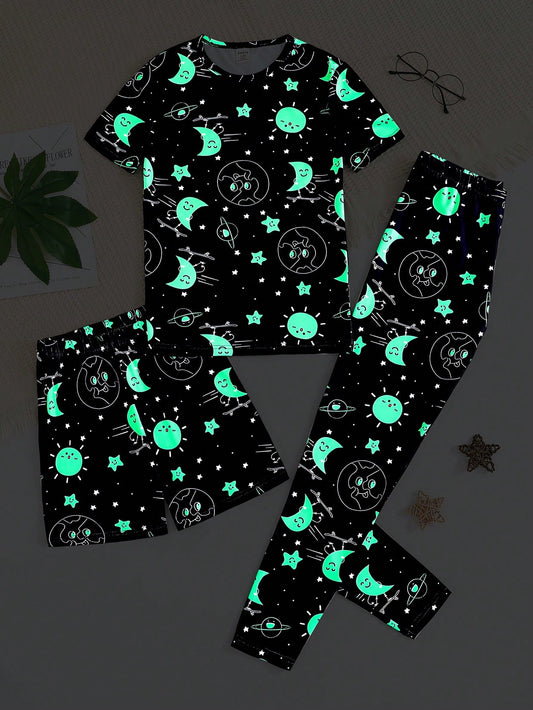 Tween Boys' Night Glow Cute Patterned Full-Print Tight Fit Round Neck T-Shirt And Pants Homewear Set