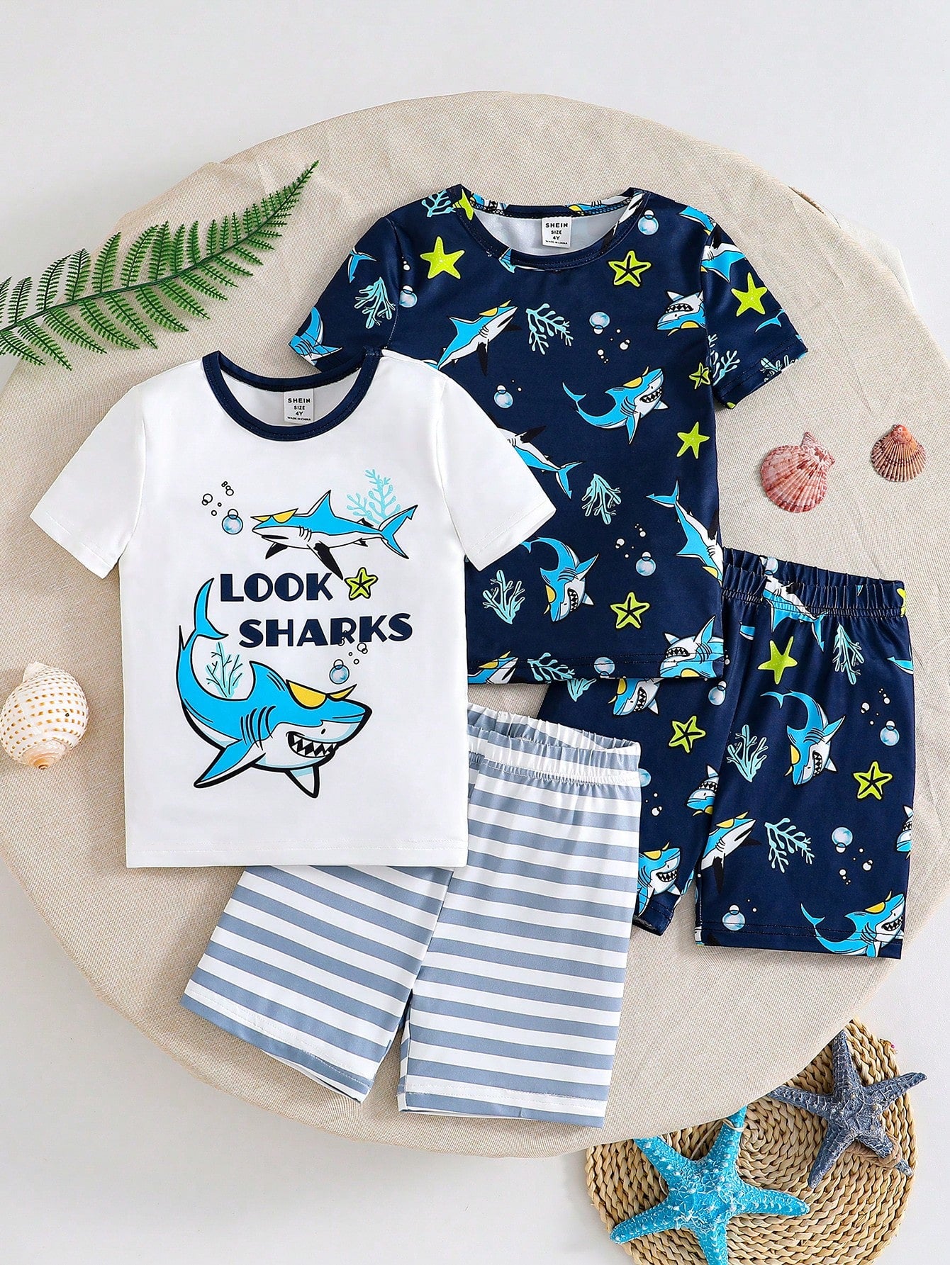 Young Boy Cute Ocean Animal Printed Snug Fit Round Neck T-Shirt And Shorts Set, Casual Homewear