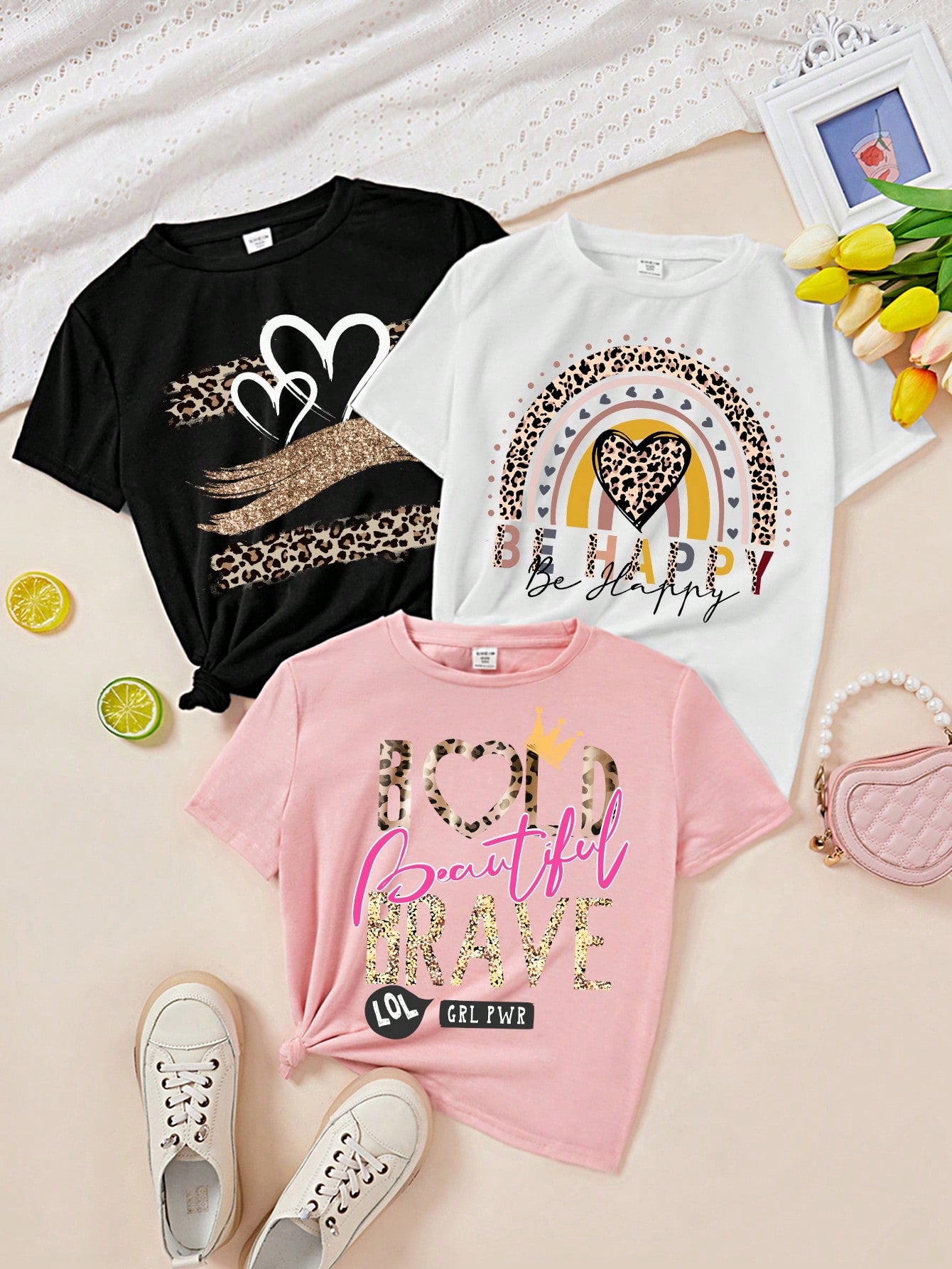 Multipack Casual Simple Cartoon Pattern T-Shirts For Tween Girls, Suitable For Summer