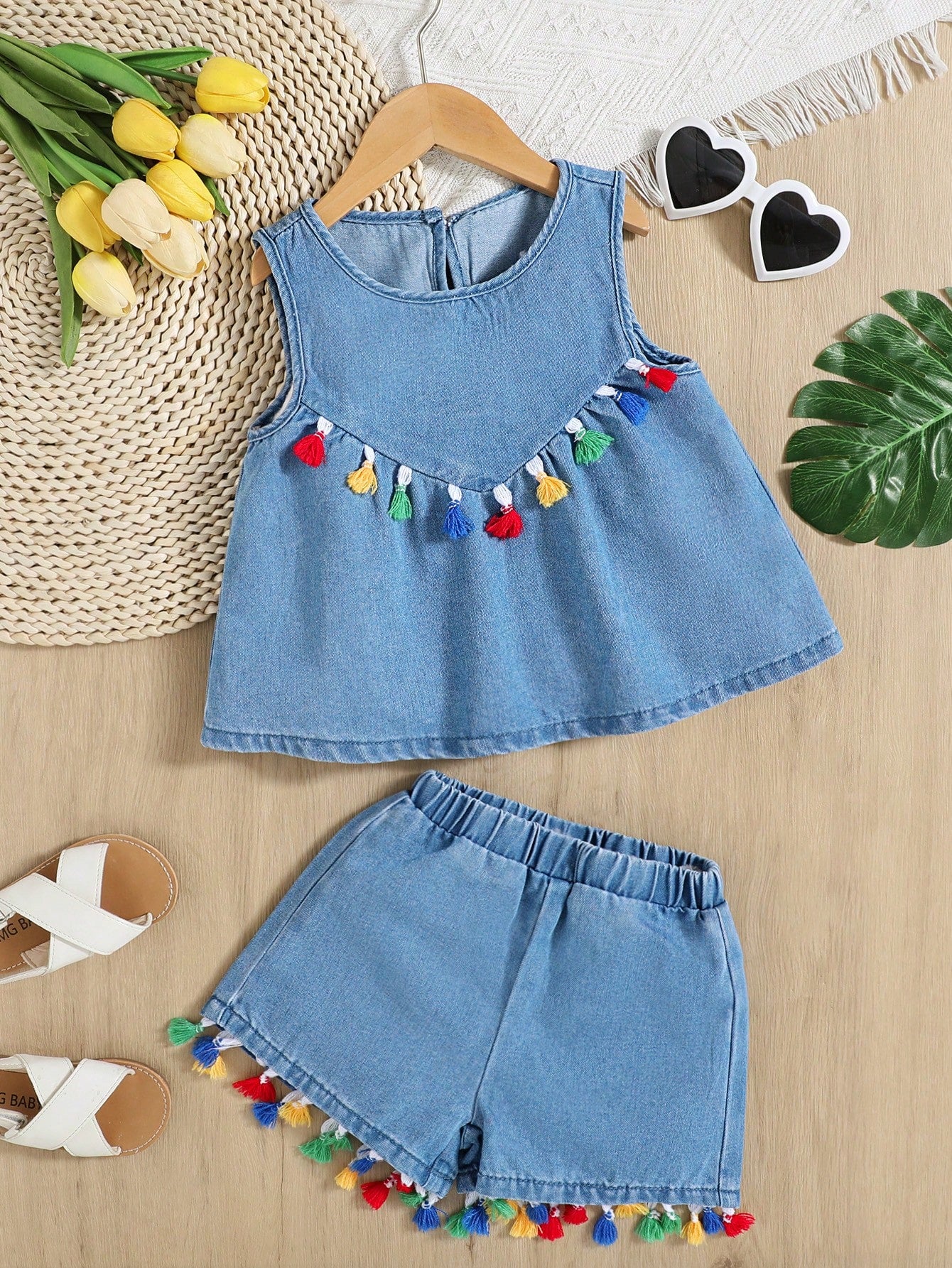 Little Girls  Denim Outfit, Casual & Cute Outdoor Sports Suit With Colorful Woven Belt For Vacations