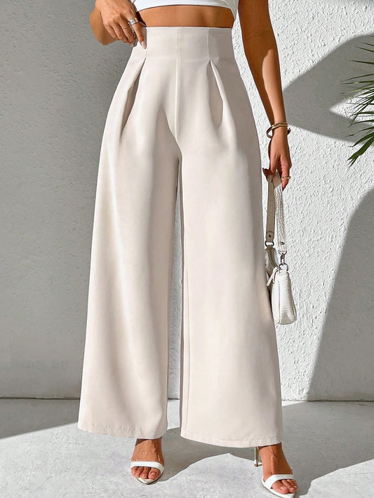 Women Wide Leg Casual Pants With Textured Solid Color Fabric