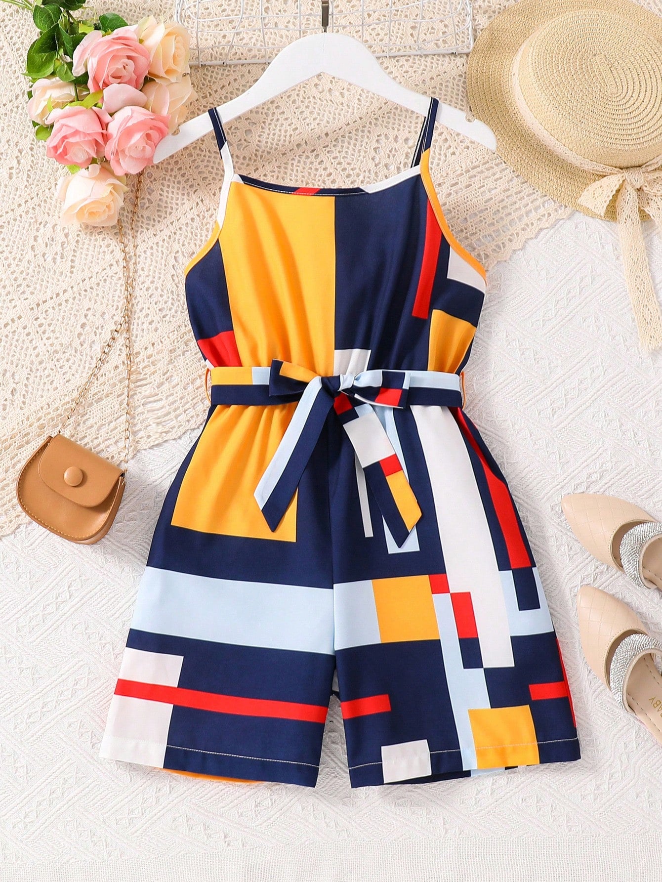 Tween Girl Fashionable Irregular Striped Romper With Spaghetti Strap For Summer Casual Outfits, Breathable And Comfortable