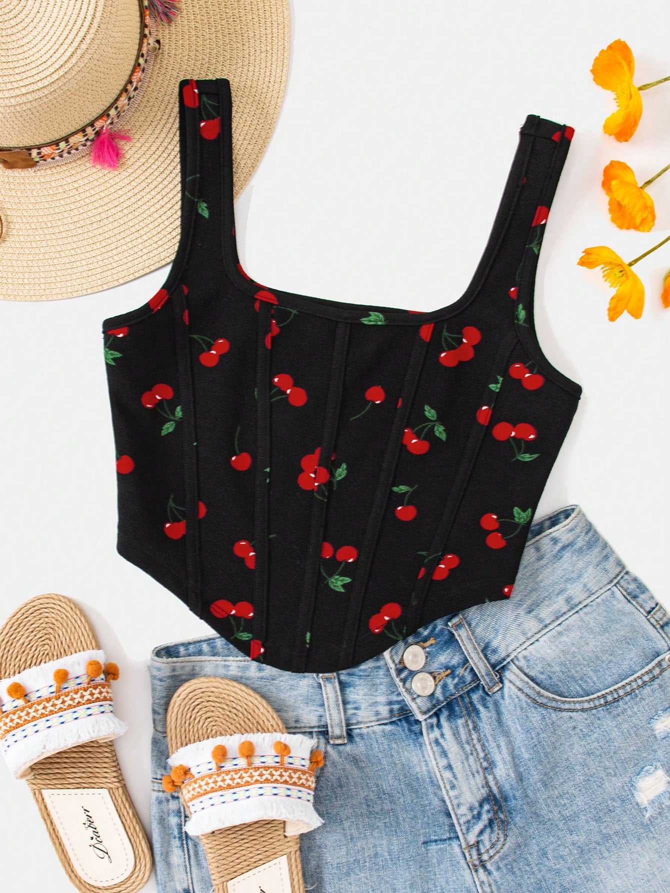 Vacation Style Knitted Cherry Printed Women's Tank Top