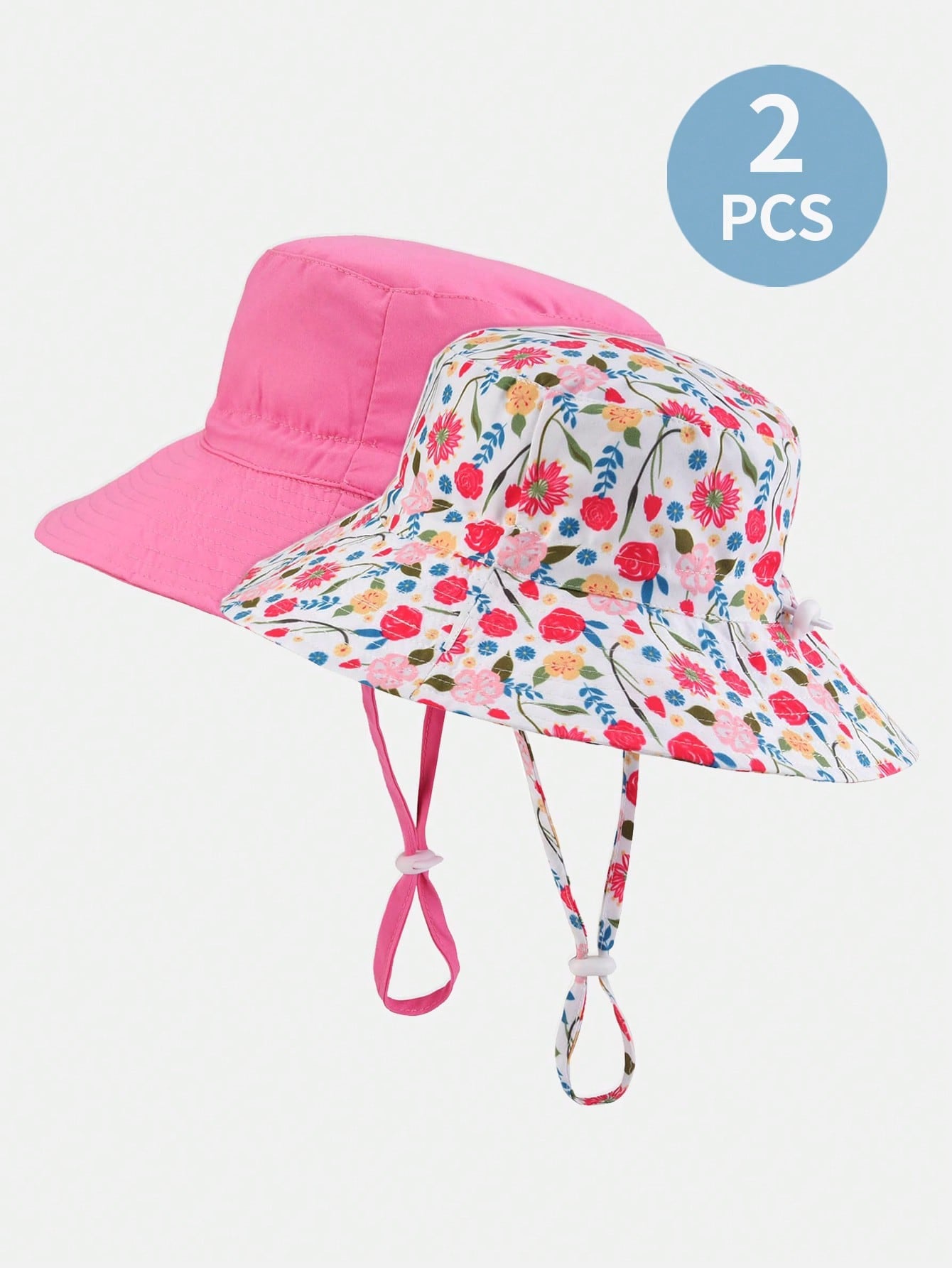 2pcs Kids Adjustable Sun Protection Breathable Daily Leisure Bucket Hat In Deep Pink And Rose Print, Suitable For Outdoor Activities And Daily Wear