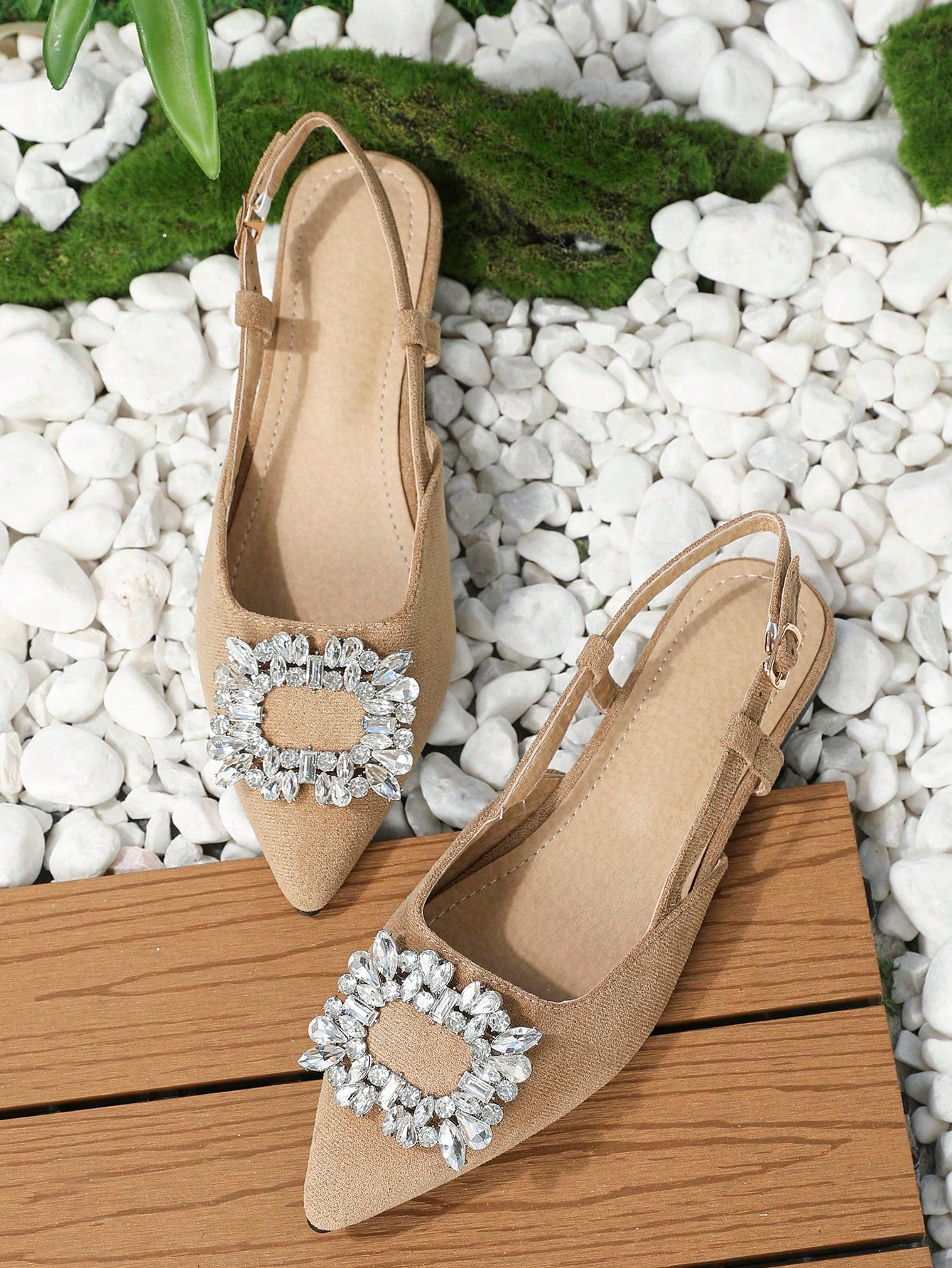 Fashionable Flat Backless Loafers With Pointed Toe & Diamond Decoration For Women