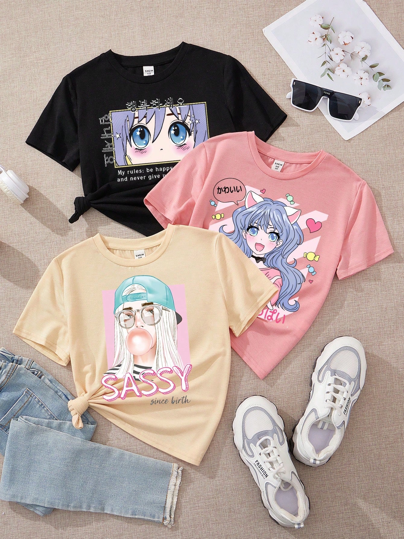 Tween Girl Casual Simple Cartoon Printed T-Shirt 3pcs/Set, Black, Pink & Apricot, Suitable For Summer