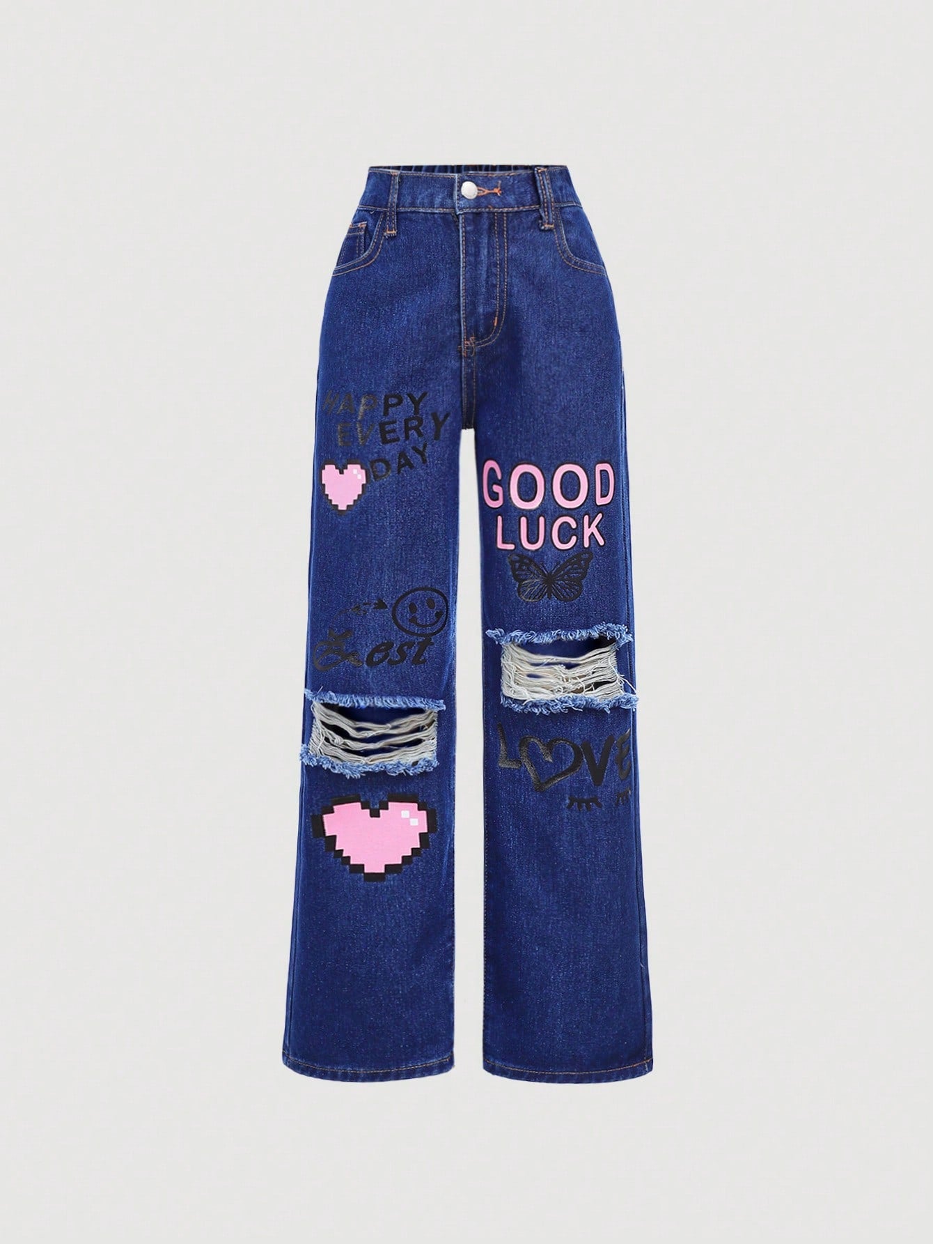 New Arrival Tween Girls' Light Blue Y2K Love Heart Letter Printed Ripped Snowflake Denim Pants