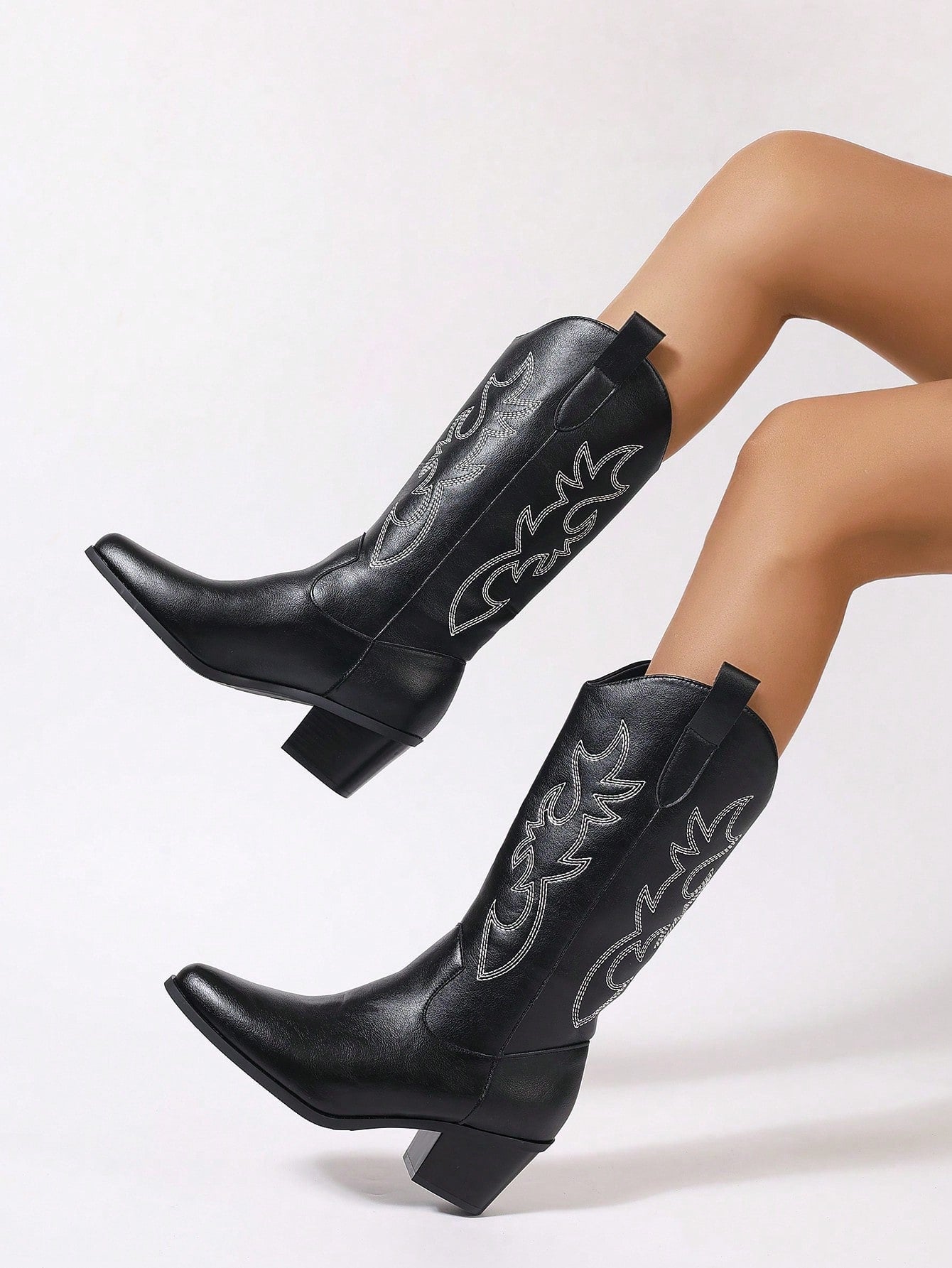 Ladies' Solid Color Chunky Heel Versatile Women's Western Cowboy Boots