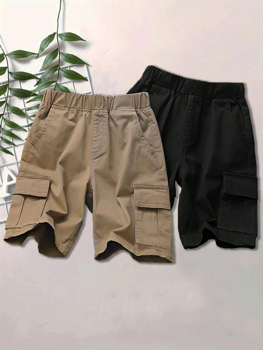 2pcs Tween Boy Casual Sporty Outdoor Pocketed Cargo Shorts, Spring/Summer