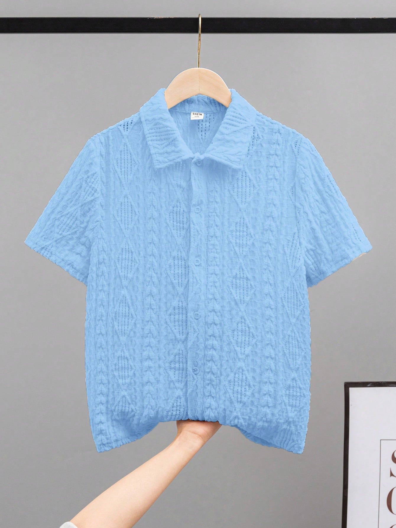 Tween Boy Loose Comfortable Casual Jacquard Short Sleeve Shirt With Turn-Down Collar