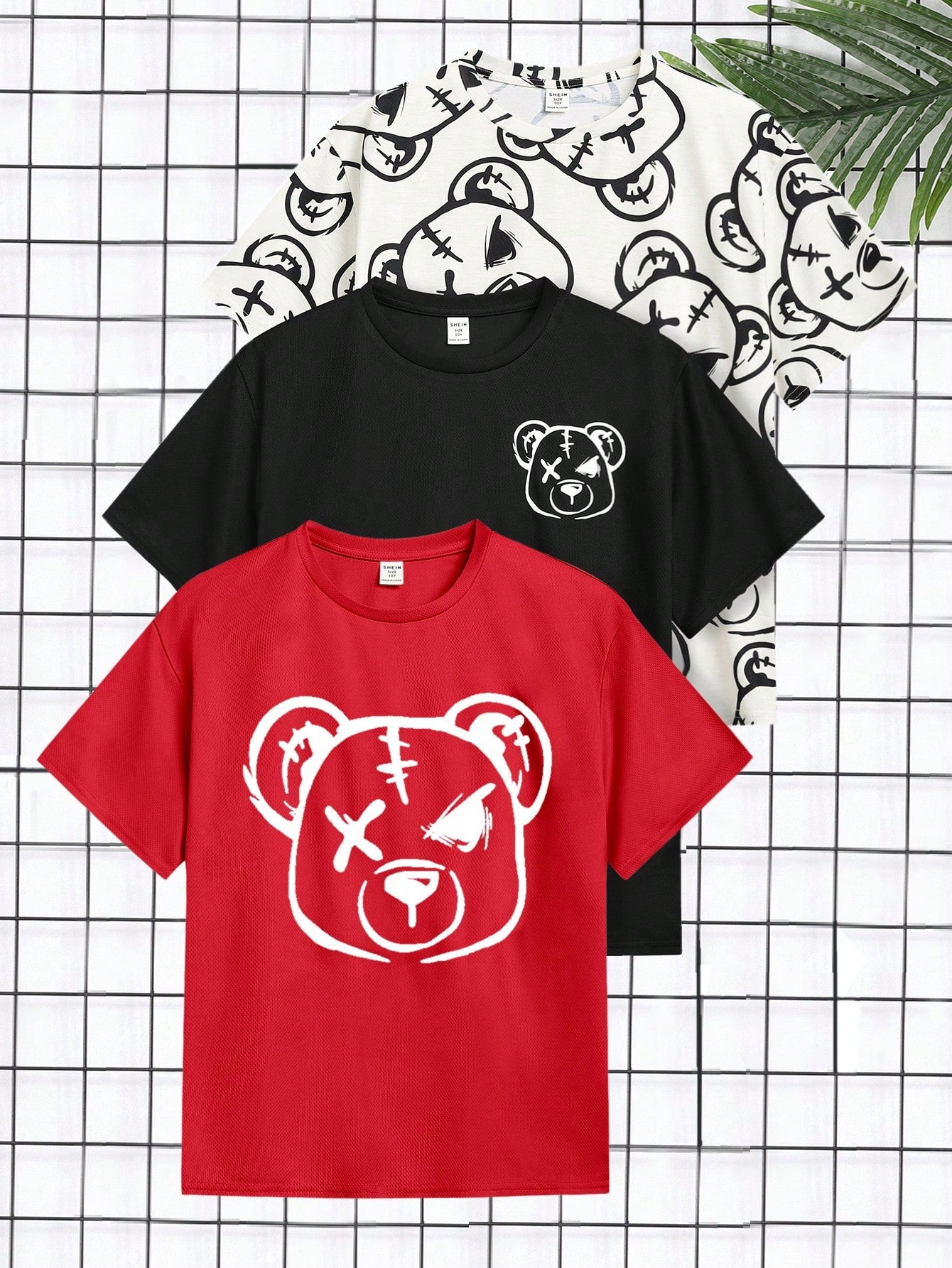 3pcs/Set Tween Boys' Casual Korean Style Bear Pattern Printed Loose Fit Knitted Short Sleeve Tee Shirts, 3 Colors Each