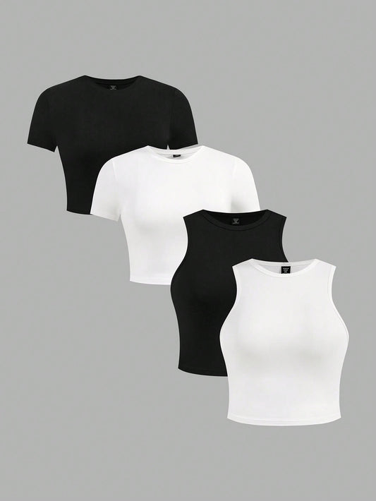 Plus Size 4pcs/Set Black & White Casual Women Tank Tops And Short Sleeve Tees, Slim Fit, Summer