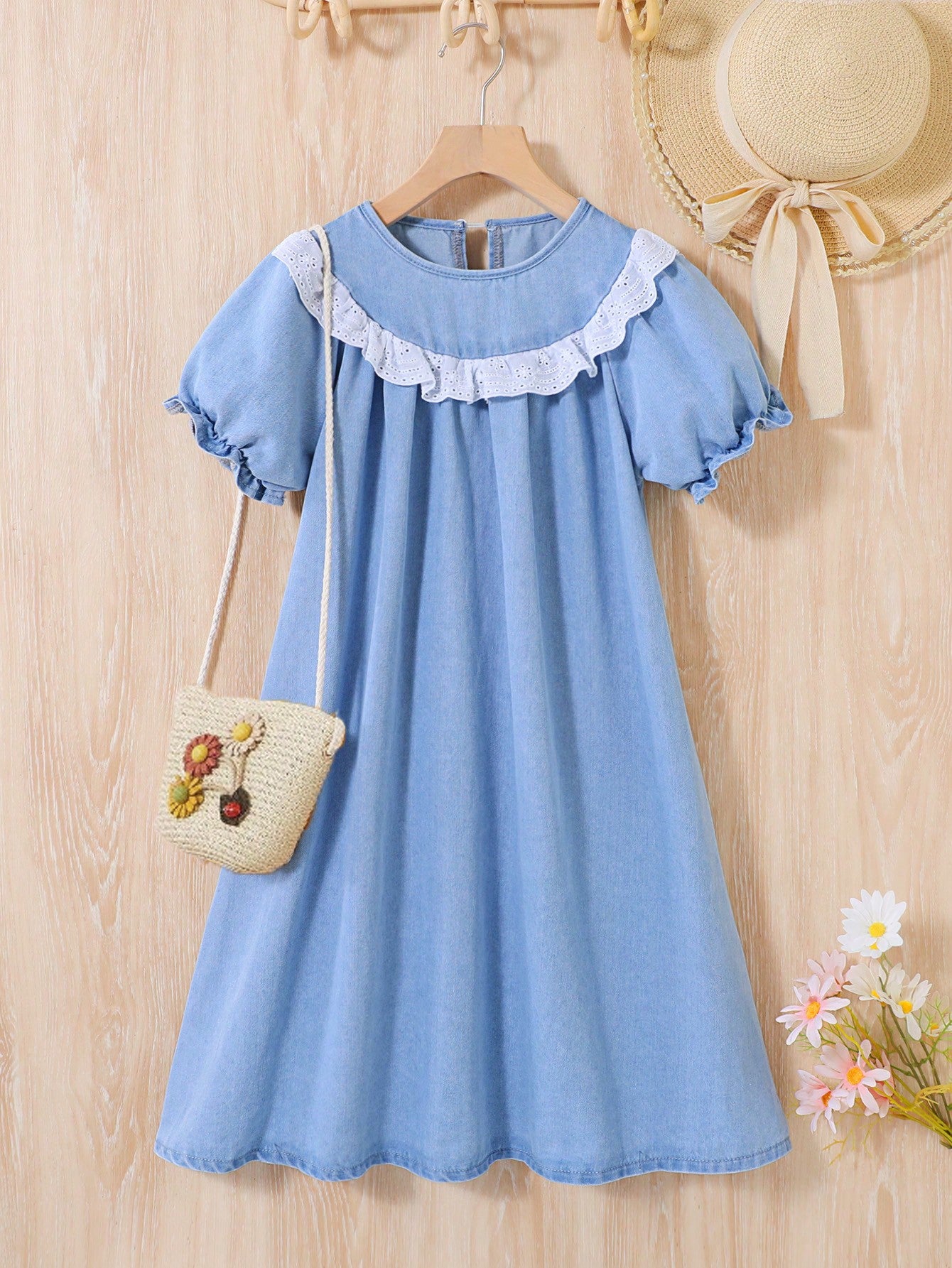 Tween Girl Spring Summer Boho Elegant Bubble Sleeve Ruffle Trim Lace Collar Casual Cute Denim Dress,Girls Summer Clothes Vacation Outfits