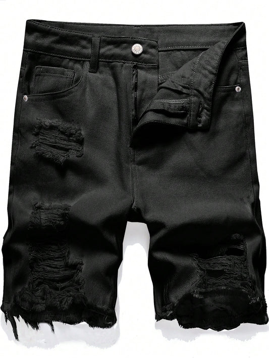 Men's Casual Solid Color Distressed Frayed Hem Denim Shorts, Summer