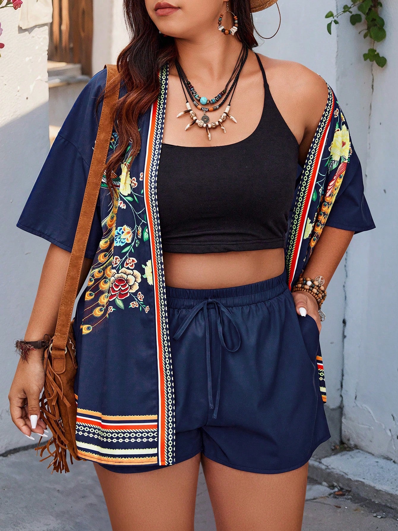 Plus Tropical Print Kimono & Shorts Without Cami Top