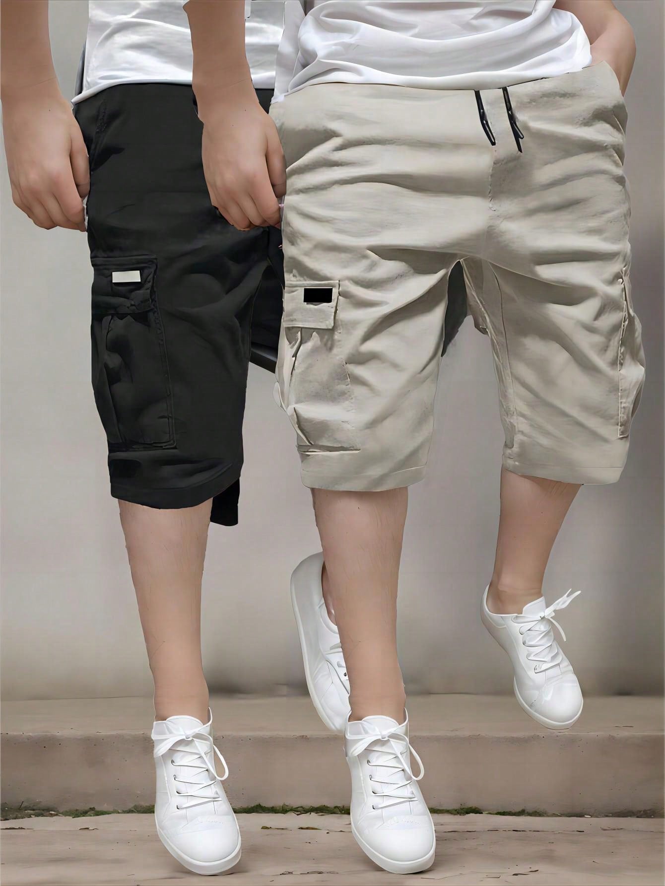 Men's Plus Size Summer Casual Solid Color Drawstring Waist Utility Shorts