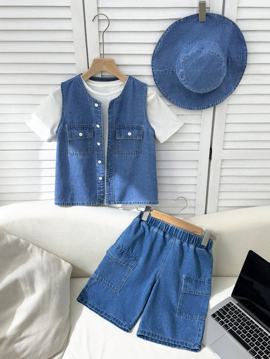 Tween Boy 3pcs/Set Casual Stylish Washed Blue Denim Vest Jacket And Loose Straight Leg Cargo Pocket Denim Bermuda Shorts With Denim Hat Set,For Summer