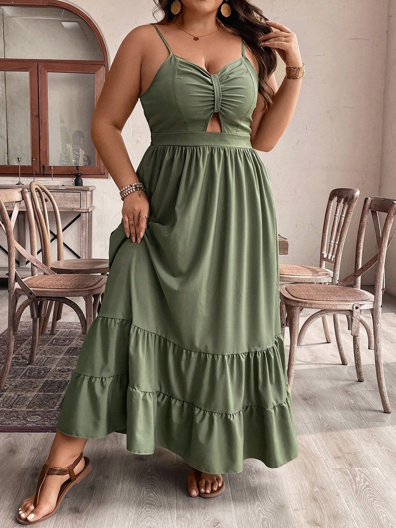 Plus Size Solid Color Sleeveless Spaghetti Strap Dress With Chest Pleats And Ruffle Hem For Summer