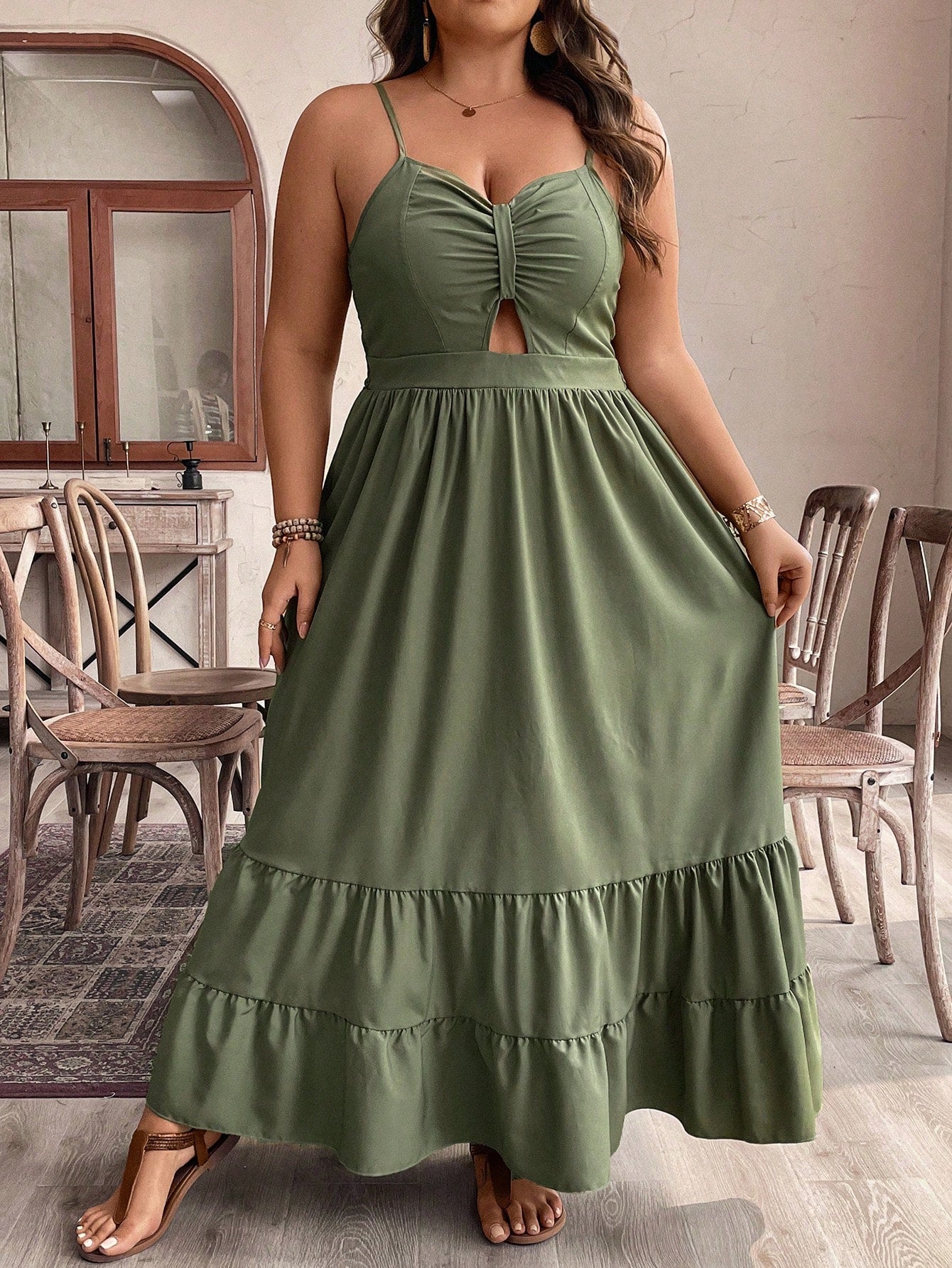 Plus Size Solid Color Sleeveless Spaghetti Strap Dress With Chest Pleats And Ruffle Hem For Summer