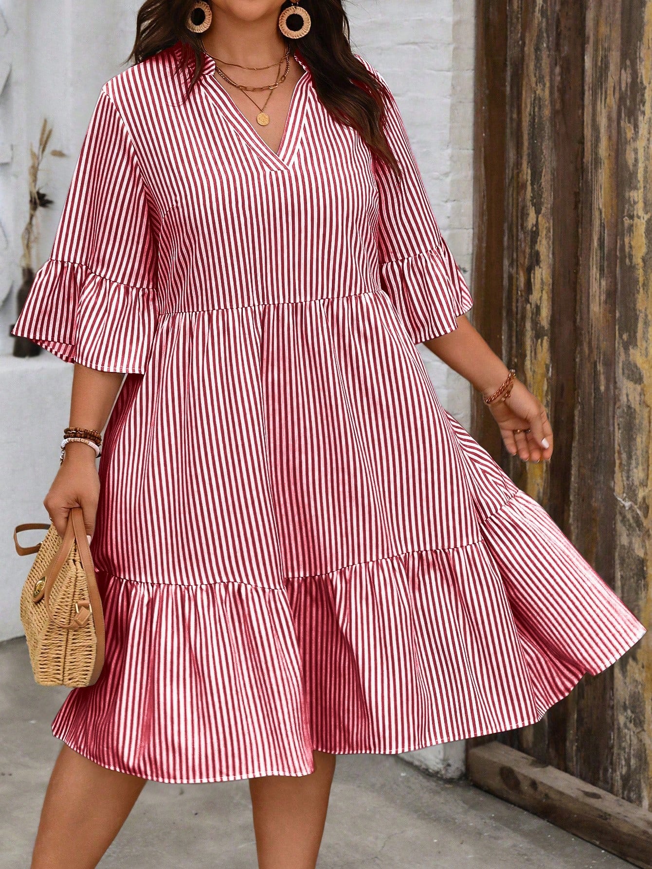 Plus Size Striped Printed Dress With Notched Neckline And Ruffled Hemline For Summer