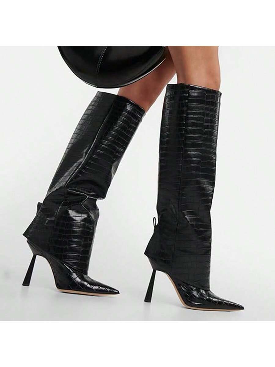 Vertundy Women's Folding Boots - Pointed Toe Stiletto Slip-On Over-The-Knee High Boots Fashionable Sexy Dress Boots Crocodile Thigh Shark Boots